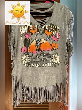 ☀️🌺Cold Crush Gray Fringe Crop Top w/Sunset Skeleton-Spirits in the Sky-Size XL